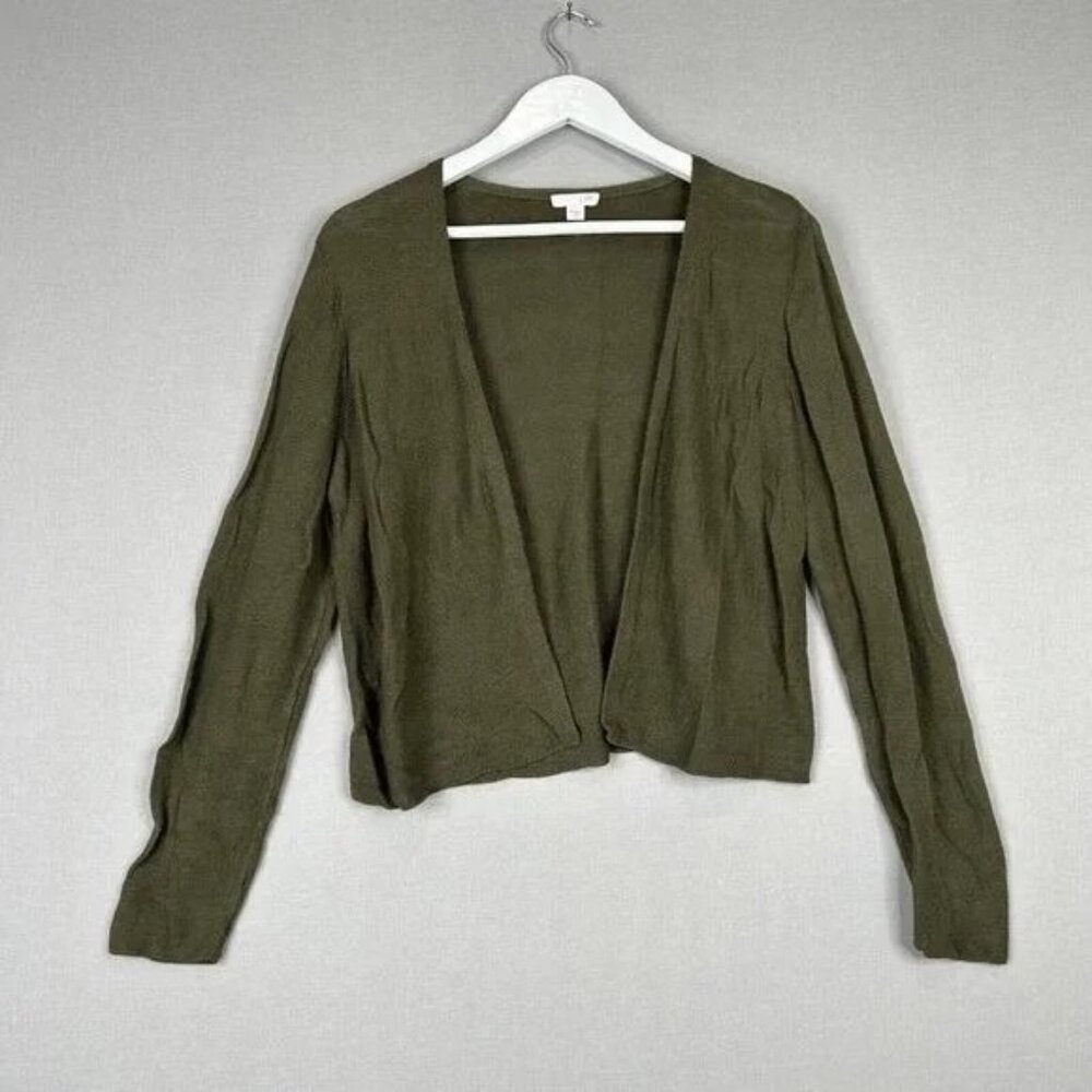 J. Jill Women's Green Cotton Linen Cropped Open Cardigan Sweater Size Medium